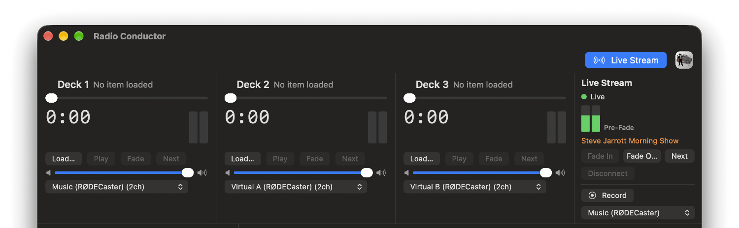Live-stream controls in Radio Conductor