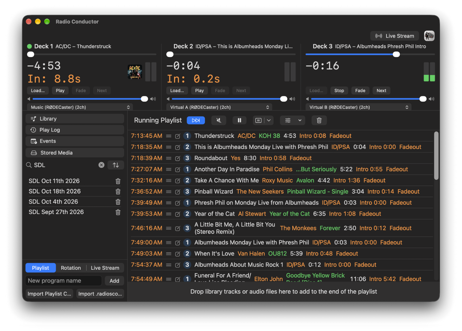Radio Conductor on Mac showing three playback decks and a running playlist