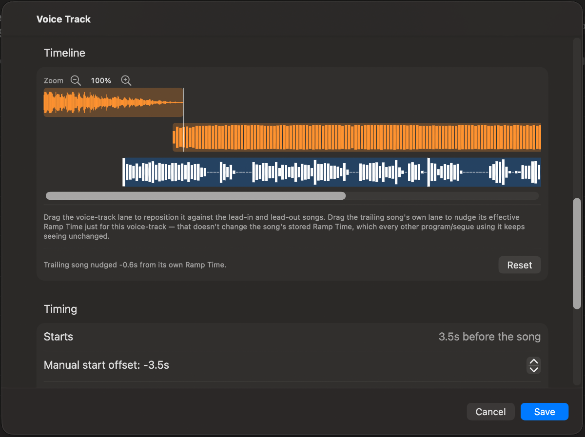 Waveforms and track positions in Radio Conductor’s voice-track editor