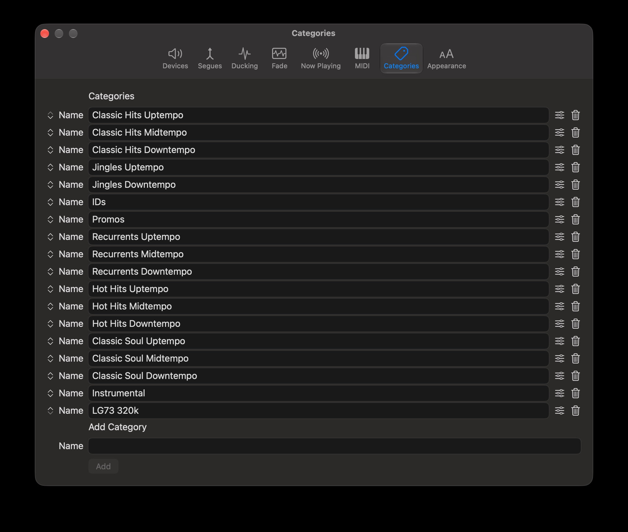 Categories Settings