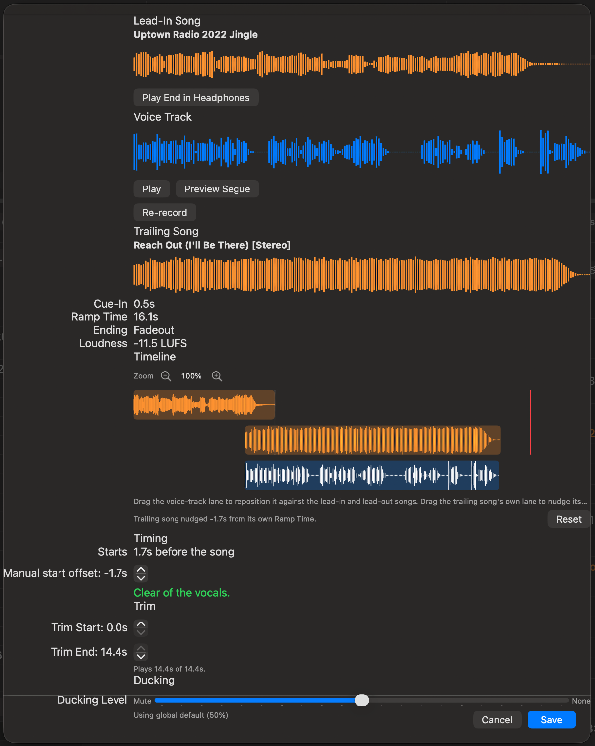 Waveforms and track positions in Radio Conductor’s voice-track editor